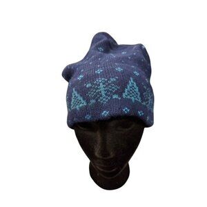 Knit Winter Hat Navy & Teal Geometric Snowflake Design Warm & Soft Unisex One Si